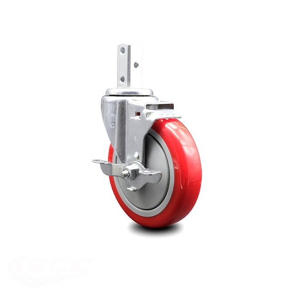 5 Inch Red Polyurethane Wheel Swivel 7/8 Inch Square Stem Caster with Brake